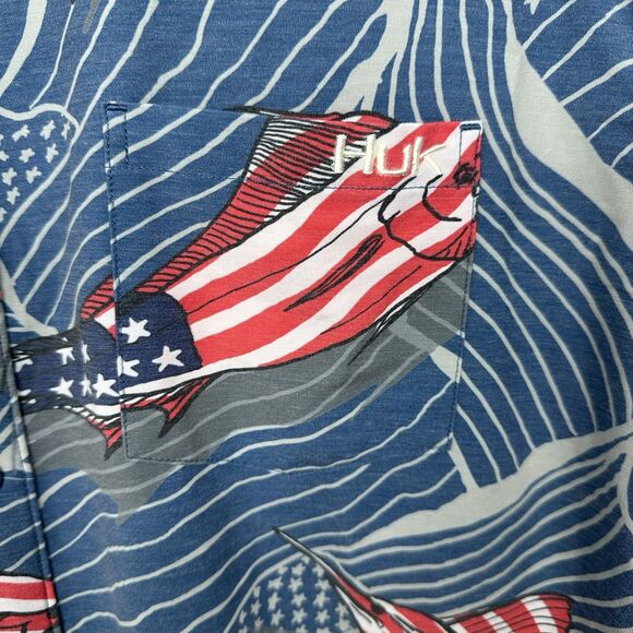 HUK Fishing Shirt Button Down USA Patriotic Sport Fish Mens Sz L Blue Red White - Picture 6 of 8